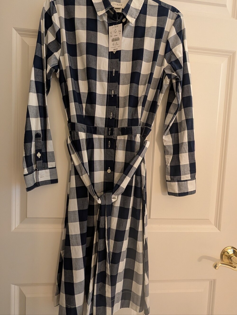 J. Crew Black and White Plaid Long-Sleeve Shirt Dress with Belt